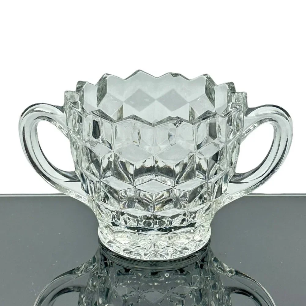 Colony Whitehall Clear Cubist Elegant Glass Open Sugar Bowl Double Handle VTG